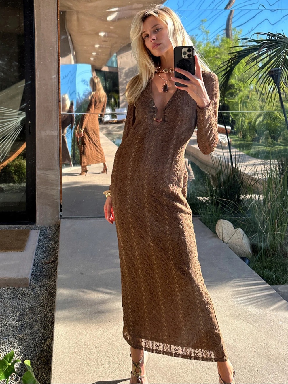 12th Tribe Brown Cable-Knit Long Sleeve Maxi Dress